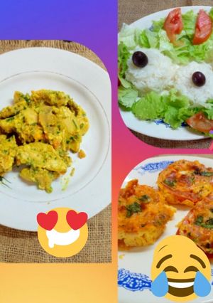 Una foto de Pollo con champignones😍 Timbal de arroz🎉Omelette de tomate🤣
