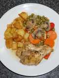 Pollo arvejado con champiñones