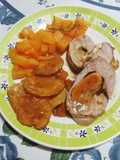 Cerdo relleno con orejones al oporto con batatas y calabaza saborizada