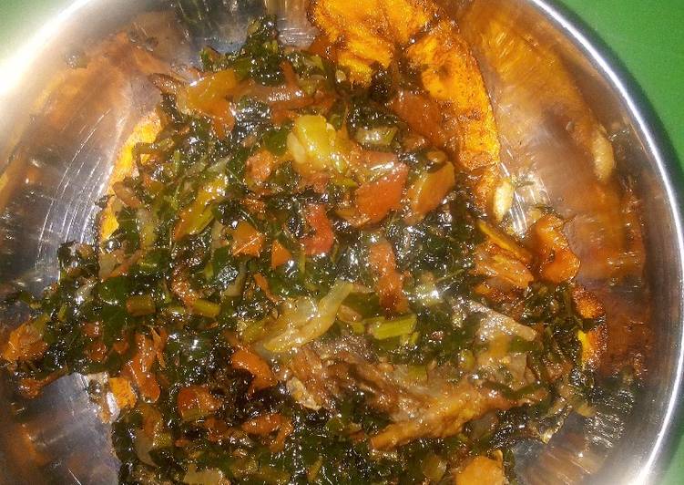 Fried plantain and water leaf stew