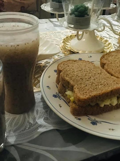 A picture of Healthy breakfast good for diet 😉 chia lemon juice and egg cucumber sandwich 🥪 🥒 🥚.