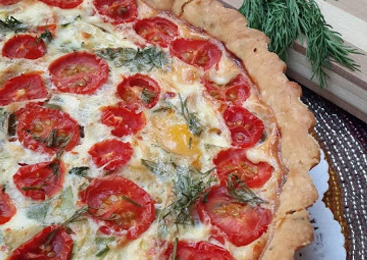 Recipe of Award-winning Crème fraiche quiche with pesto and veggies