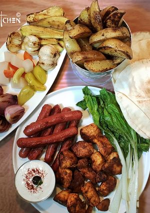A picture of Arabic Chicken Kebabs with Herbed Potatoes.