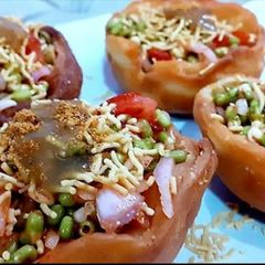 A picture of Katori chaat with moong stuffing.