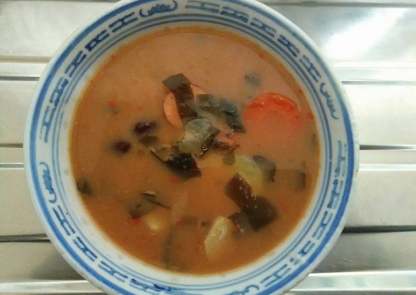 Japanese dashi miso soup with smoke sausage twist of chilli yutaka wakame sea weed
