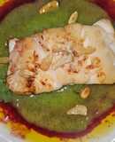 Bacalao skrei en salsa de naranja sanguina y puré de calabacín