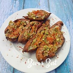 A picture of Avocado Salsa stuffed Roasted Sweet Potatoes in 30 minutes.