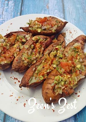 A picture of Avocado Salsa stuffed Roasted Sweet Potatoes in 30 minutes.