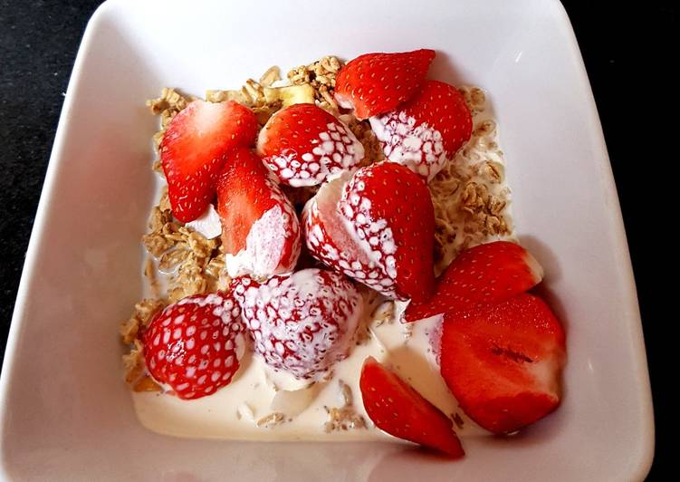 Step-by-Step Guide to Make Speedy My Granola and fresh sliced strawberries +Cream ❣️