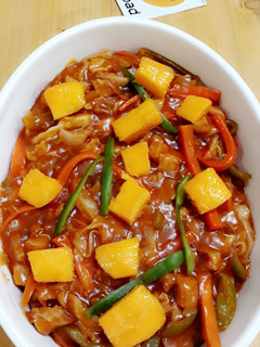 A picture of Chicken veggies Stir fry with Mango #mangomasti.