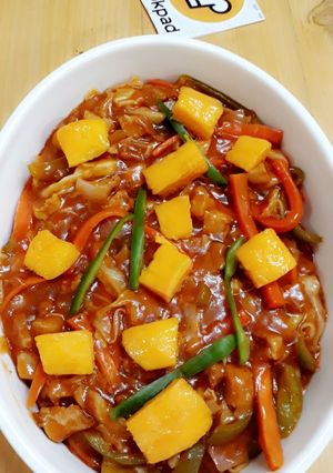 A picture of Chicken veggies Stir fry with Mango #mangomasti.