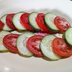 A picture of Tomato and cucumber salad.