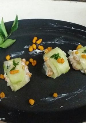 A picture of Cucumber boondi raita roll ups.