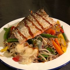 A picture of Wild salmon teriyaki soba.