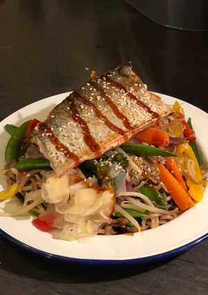 A picture of Wild salmon teriyaki soba.