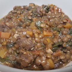 A picture of Lentil, spinach and sausage one pot.