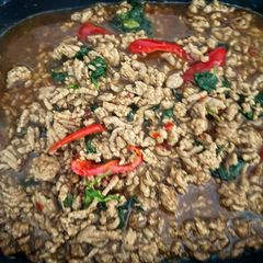 A picture of Thai spicy minced pork with basil.