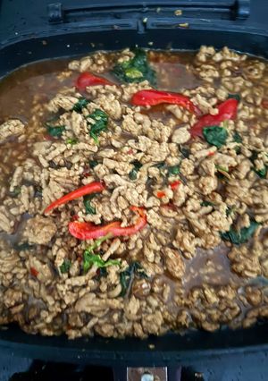 A picture of Thai spicy minced pork with basil.