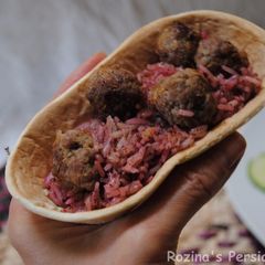 Sumac-beetroo rice with meatballs A picture of Sumac-beetroo rice with meatballs.