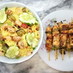 A picture of Shish Taouk with Garlic Rice.