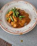 Quick butter chicken masala with mustard seed green beans and garlic rice