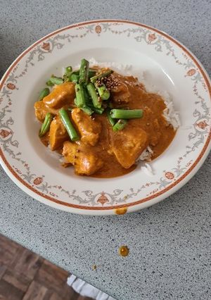 A picture of Quick butter chicken masala with mustard seed green beans and garlic rice.