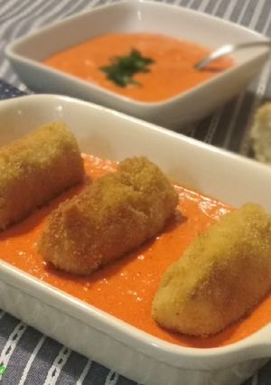 A picture of Potato and Cod Croquettes with Piquillo Pepper Cream.