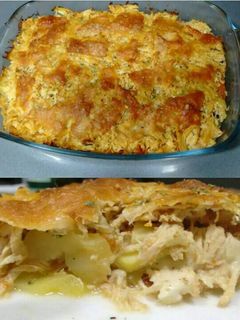 Una foto de Moussaka de calabacín con pollo mechado