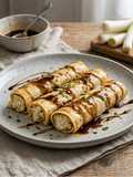 Canelones de bacalao, puerro y parmesano con bechamel y reducción de miel y vinagre de Jerez