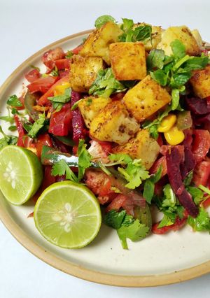 A picture of Grilled Paneer With Veggie Salad.