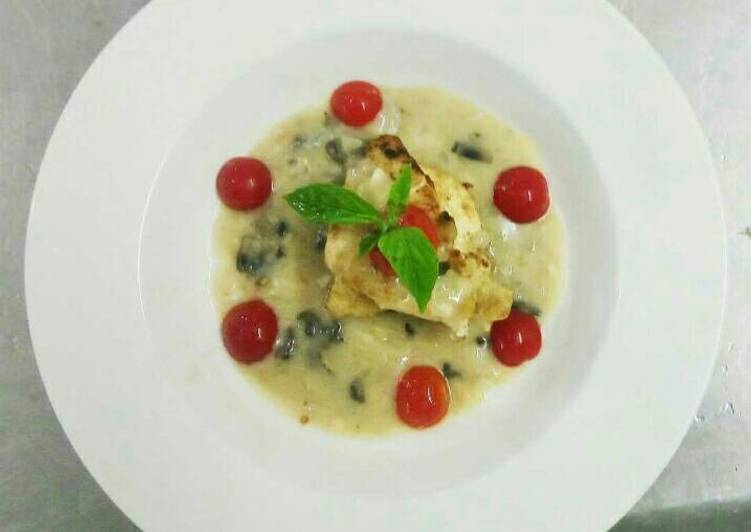 Pan Fried Chicken with Mushroom Veloute Sauce