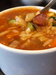 A picture of Vegetable, Meat, and Orzo Soup with Zucchini and Country Sausage.