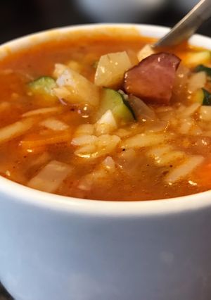 A picture of Vegetable, Meat, and Orzo Soup with Zucchini and Country Sausage.
