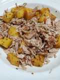 Guarnición sin gluten y vegana de patata y "cerdo mechado" 🐖