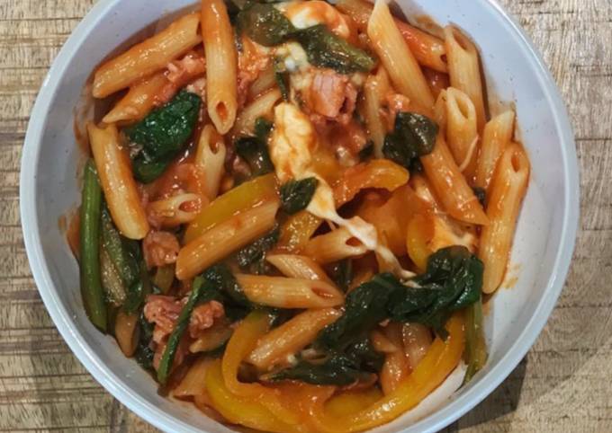 Penne pasta with #seasonsupply spinach, onions and tomatoes Recipe by