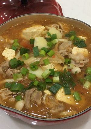 A picture of Potato Kimchi Hot and Sour Soup.