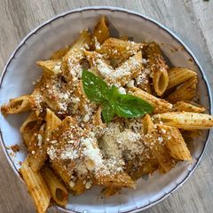 A picture of Sundried tomato pistachio pesto penne.
