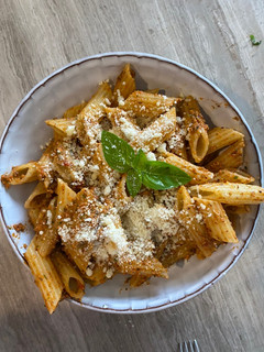 A picture of Sundried tomato pistachio pesto penne.