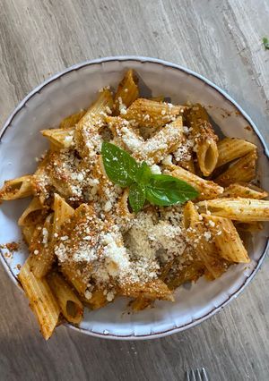 A picture of Sundried tomato pistachio pesto penne.