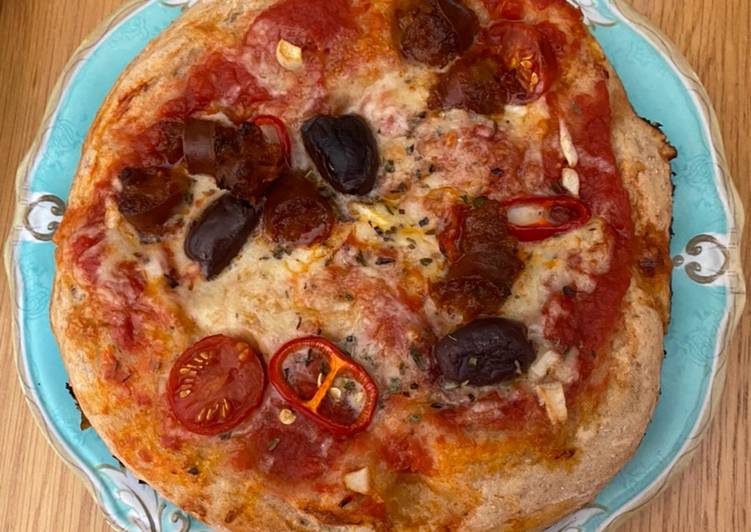 Chorizo and olive pizza