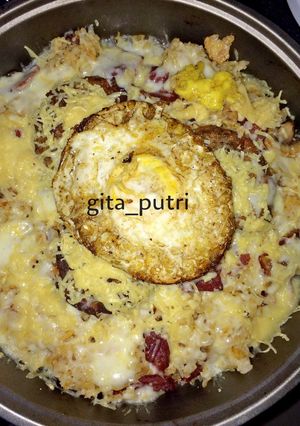 Foto resep Hamburg Steak with Rice & Egg + Melted Cheese
