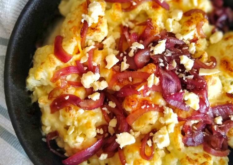 Steps to Prepare Homemade Skillet Cauliflower Cheese With Caramelised Red Onions