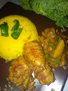 A picture of Vegetables cous cous with chicken and cabbage soup.