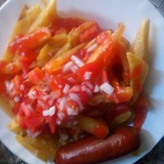 A picture of Fried chips with smokies and kachumbari#authormarathon.