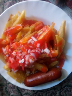 A picture of Fried chips with smokies and kachumbari#authormarathon.