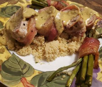 Easy Serving Recipe Brads bacon wrapped pork tenderloin w hatch chile crema Delicious Simple