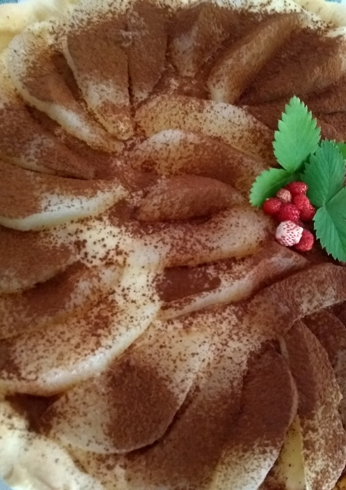 Una foto de Tarta-galleta de peras con crema de vodka