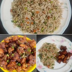 A picture of Gobhi Manchurian with vegetable fried rice.