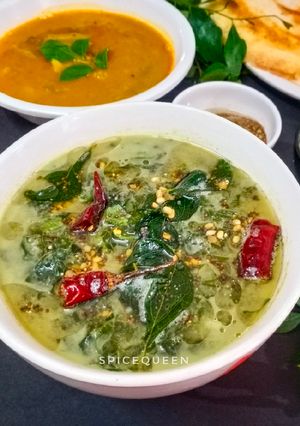A picture of Harive Soppu Bendi / Amaranth leaves curry.