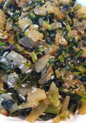 A picture of Radish Leaves Poriyal or Mullangi Keerai Poriyal.